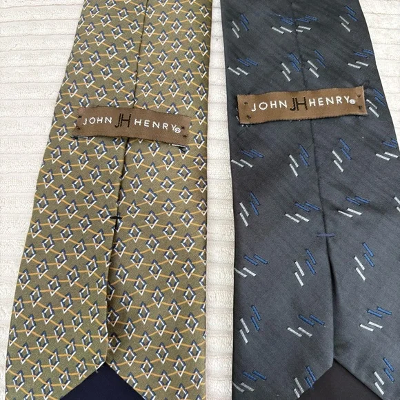 John Henry (2) Blue and Tan Silk Ties with Geometric Patterns - Picture 1 of 3